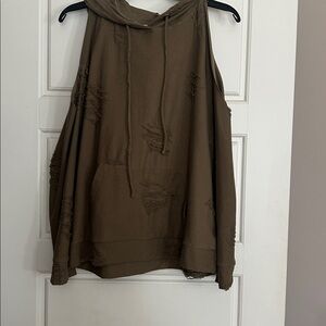 Distressed Brown Sleeveless Hoodie